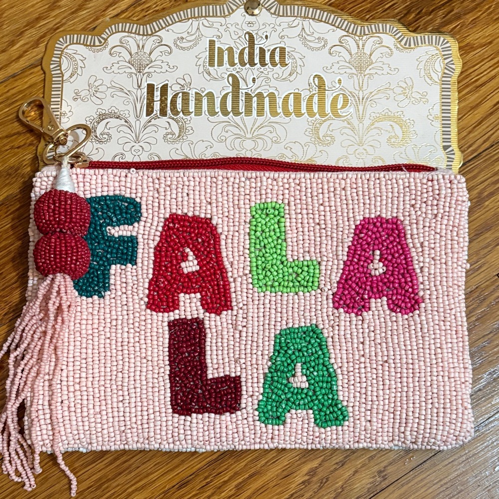 India Handmade Beaded 'FALALA’ Pink Pouch with Colorful Lettering